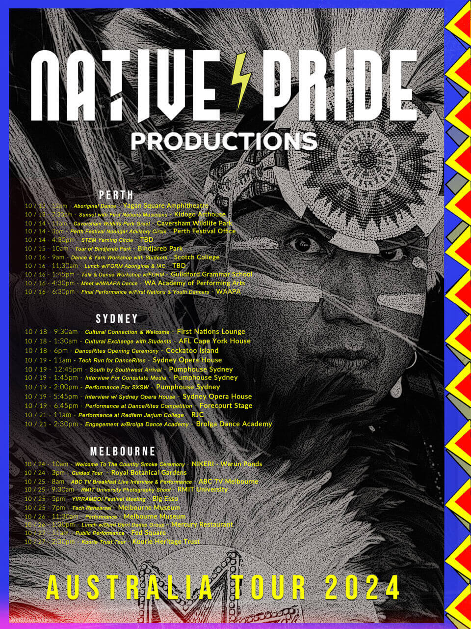 Poster for Native Pride Productions featuring artwork and event details.